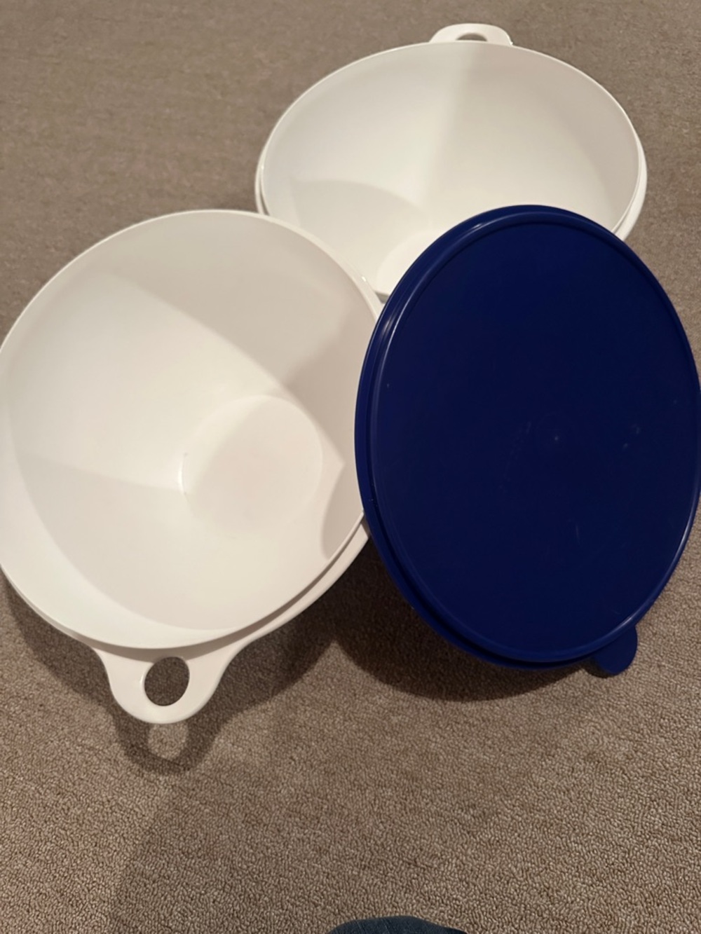 Tupperware White Bowls with Blue Lid